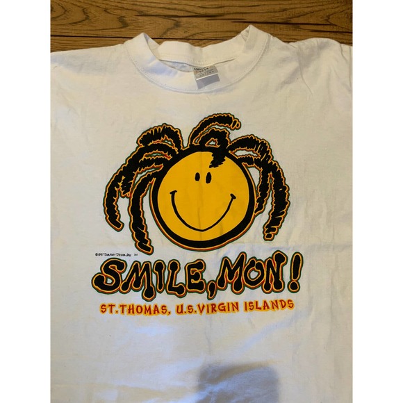 Vtg 90s St Thomas Smile Mon Faded Shirt L Smiley Rasta Beach Funny Humor Grunge - Picture 3 of 5